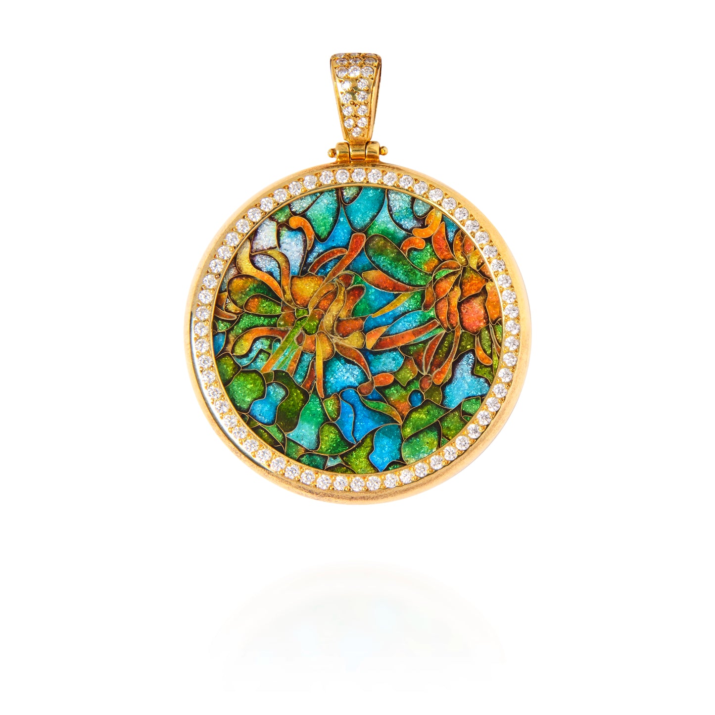 Colorful pendant with floral design and gold frame on white background